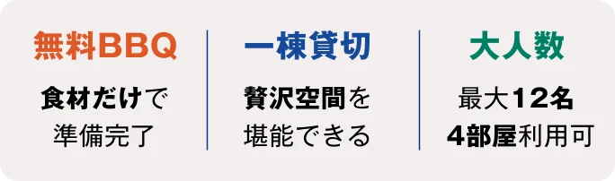 無料BBQ 食材だけで準備完了 / 一棟貸切 贅沢空間を堪能できる / 大人数 最大12名 4部屋利用可